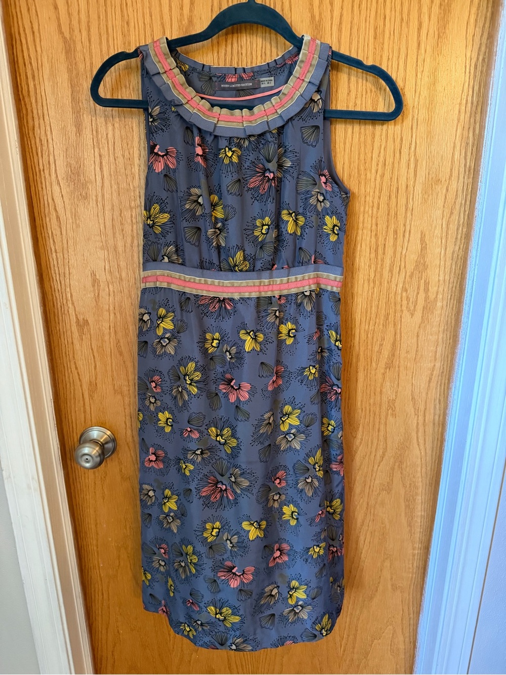 Limited Edition Boden Sleeveless Dress, Slate Blue w/ Pink & Yellow flowers